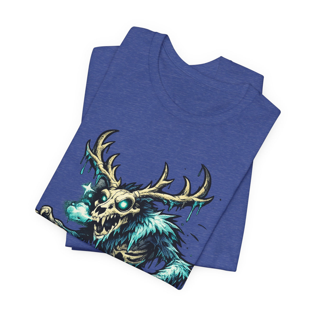 Blue unisex crewneck T-shirt with glowing skull deer monster graphic.