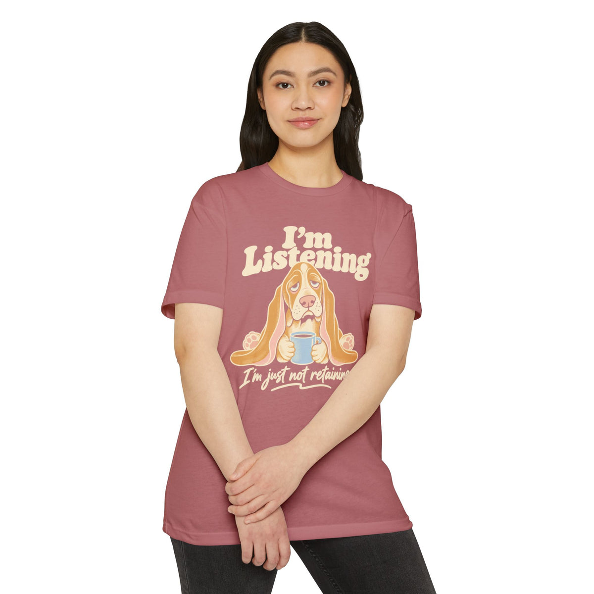 Basset hound graphic T-shirt in dusty rose, front dog illustration with slogan