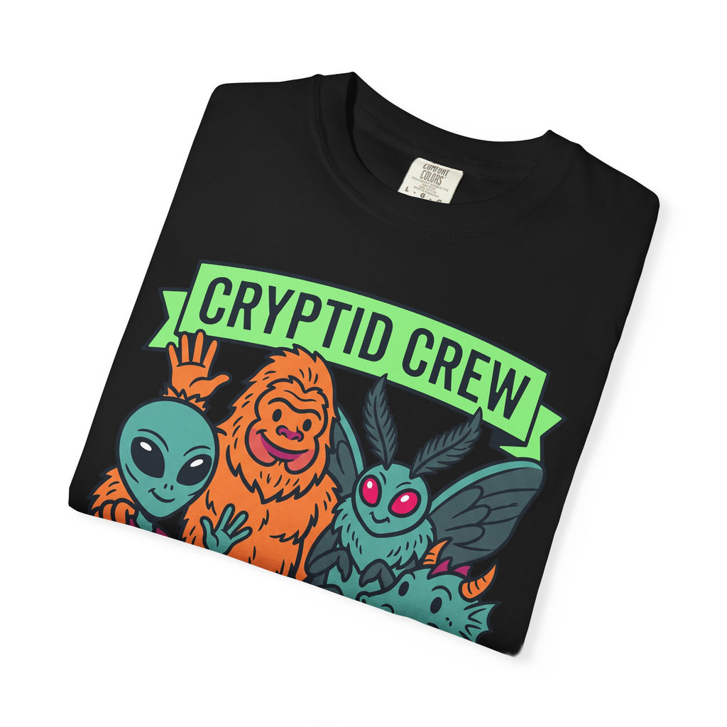 Black crewneck T-shirt with Cryptid Crew graphic