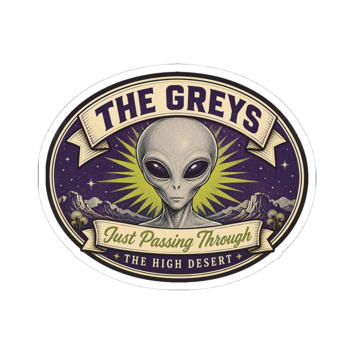 Circular space-themed alien head decal with purple night sky rays and banner text