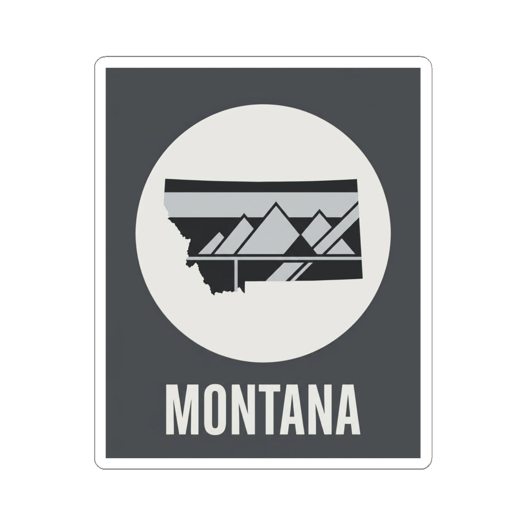 Montana mountain badge sticker, dark gray square with white circle emblem and MONTANA lettering