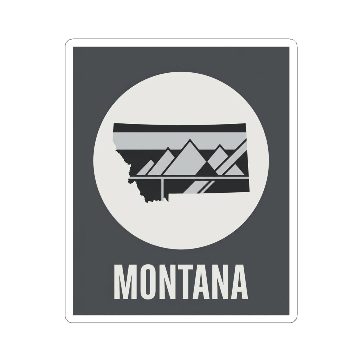 Montana mountain badge sticker, dark gray square with white circle emblem and MONTANA lettering