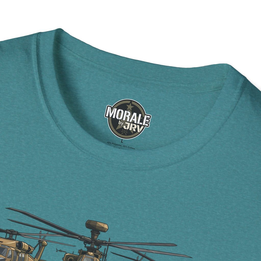 Apache Attack Helicopter T-shirt, teal close-up of neck logo and helicopter graphic