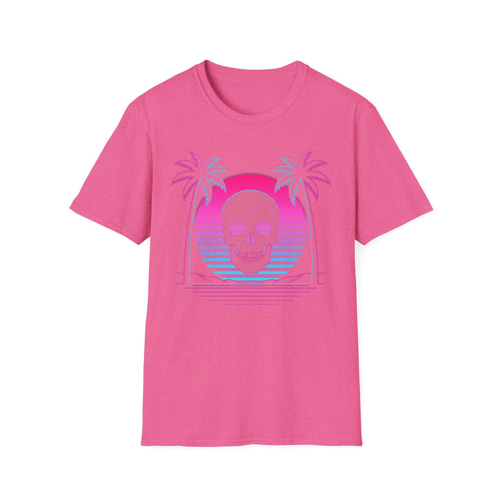 Pink T-shirt with vaporwave skull graphic, palm trees and sunset arch design