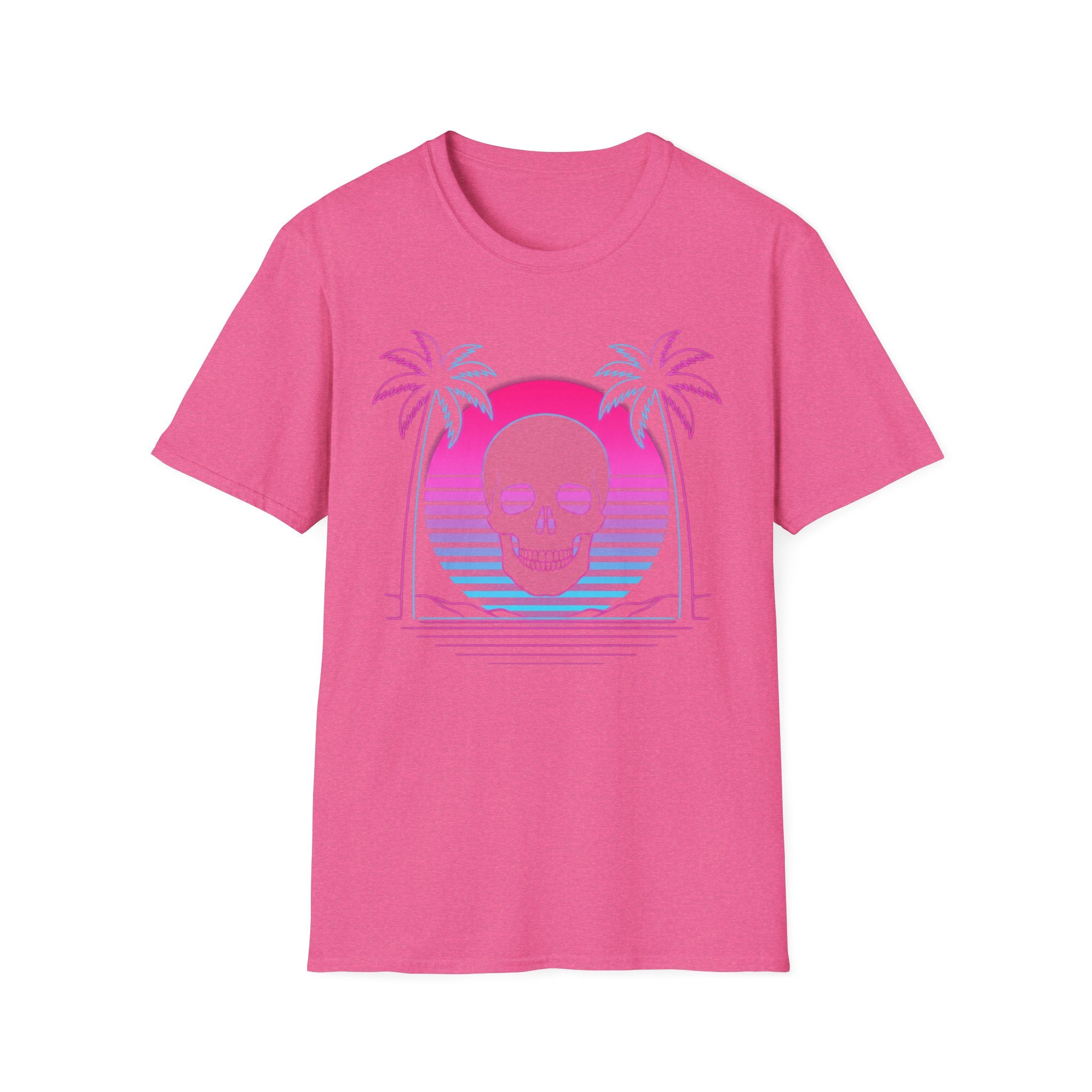 Pink T-shirt with vaporwave skull graphic, palm trees and sunset arch design