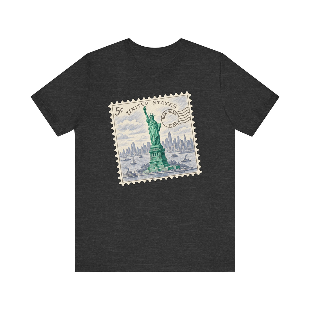 Dark gray T-shirt with vintage postage stamp graphic featuring the Statue of Liberty
