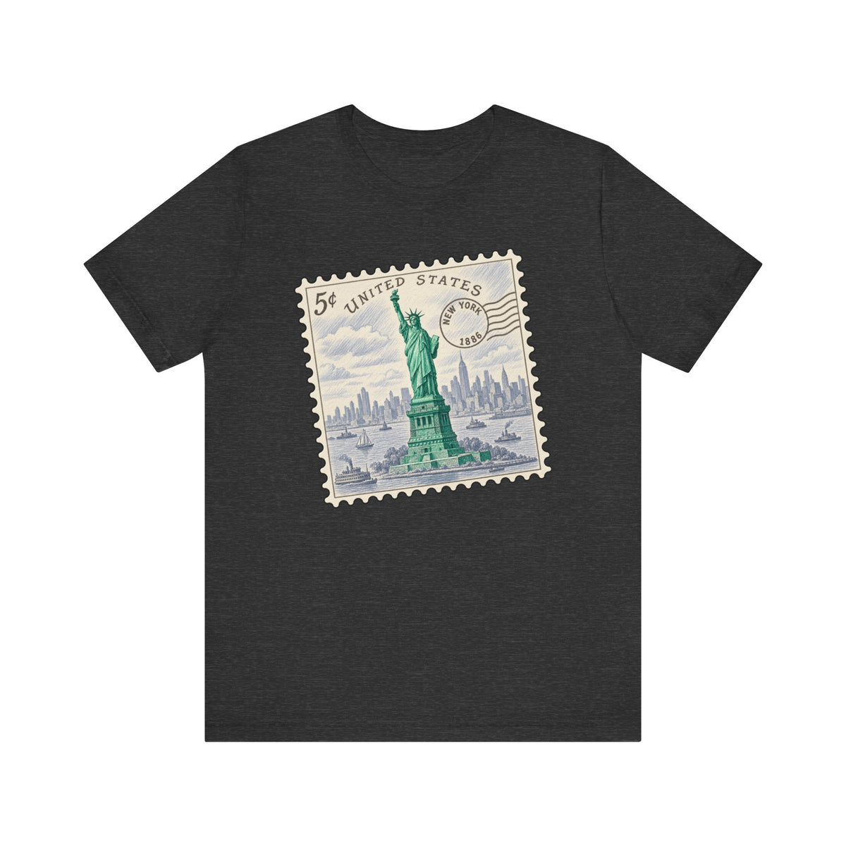 Dark gray T-shirt with vintage postage stamp graphic featuring the Statue of Liberty