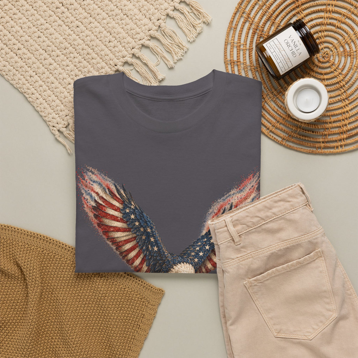 Charcoal crew-neck T-shirt with patriotic bald eagle wing and flag graphic