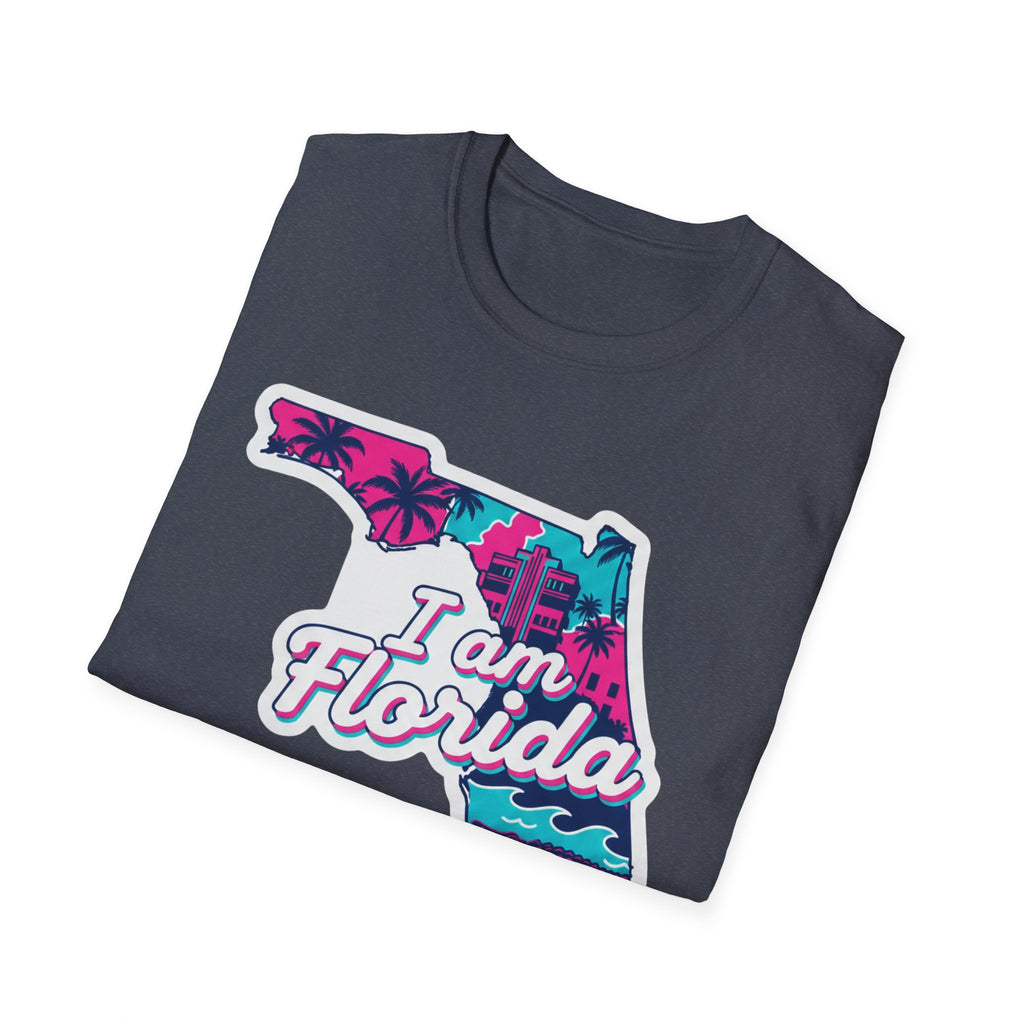 Dark heather T-shirt with retro Florida map graphic and palm trees on front