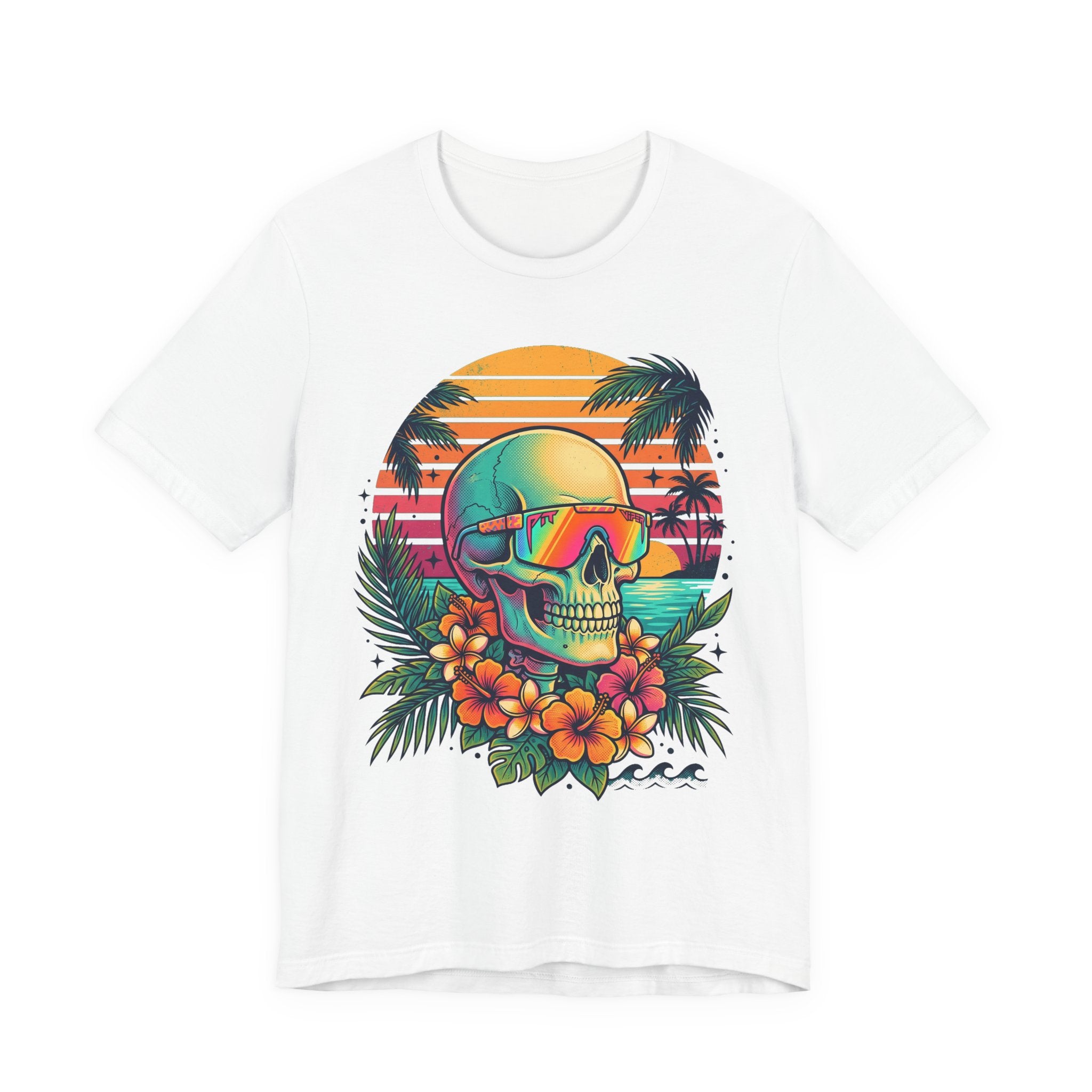 White T-shirt with tropical skull wearing sunglasses and floral graphic on front