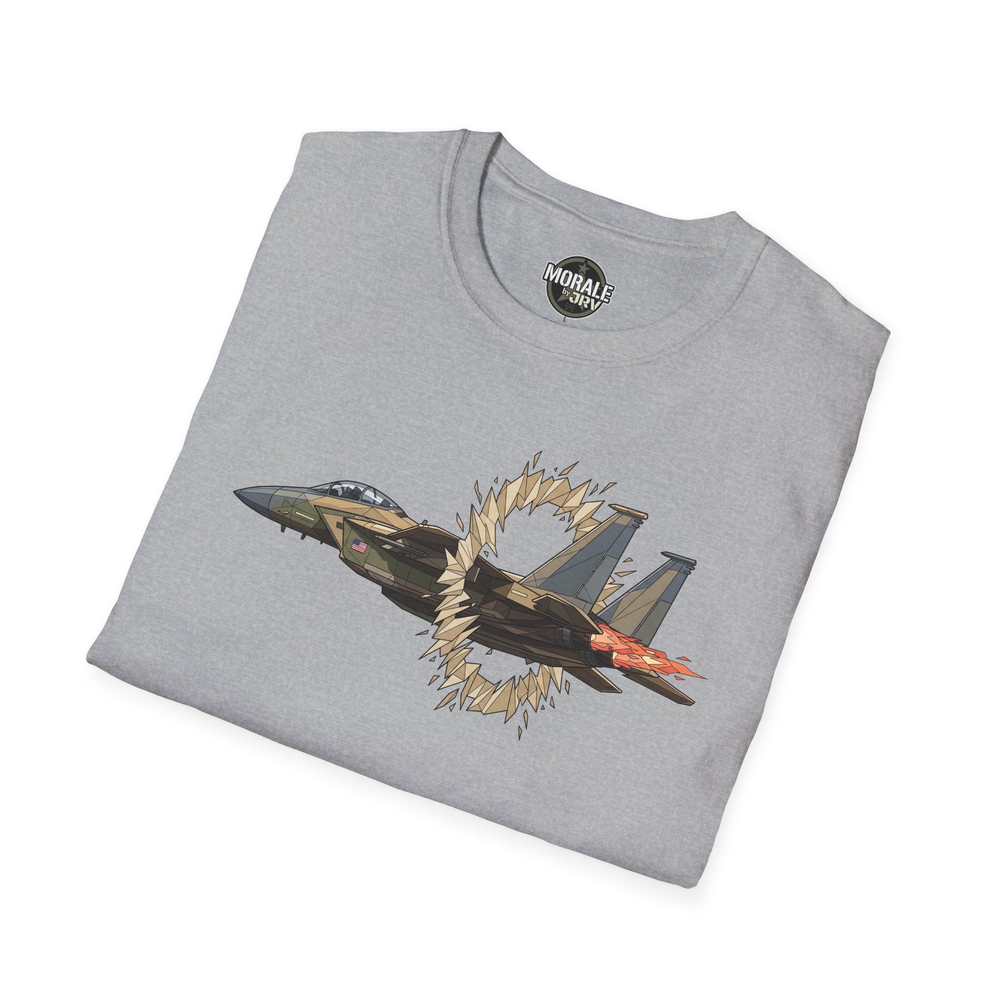 Heather grey t-shirt with fighter jet and golden “ring of fire” burst graphic
