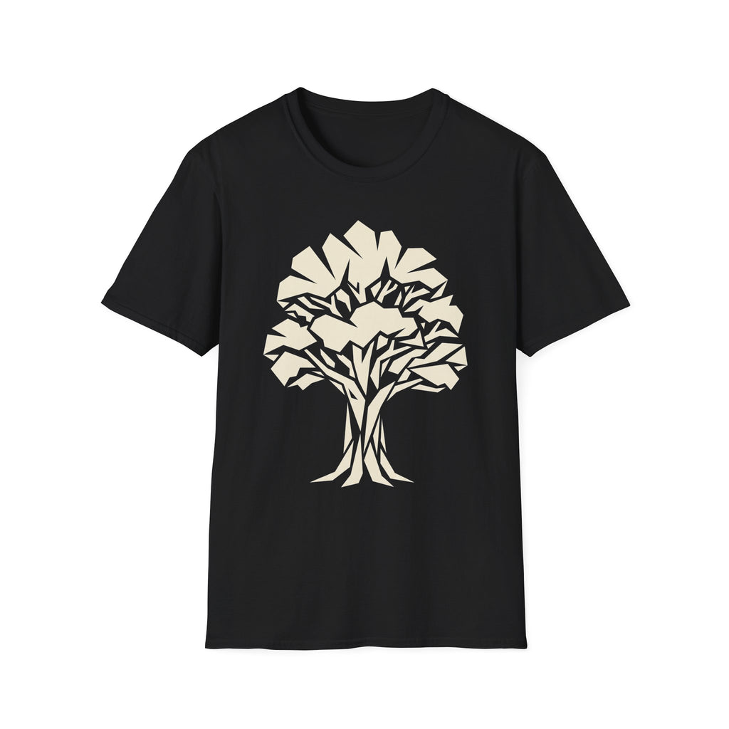 Black crew-neck t-shirt with geometric tree graphic, short sleeves