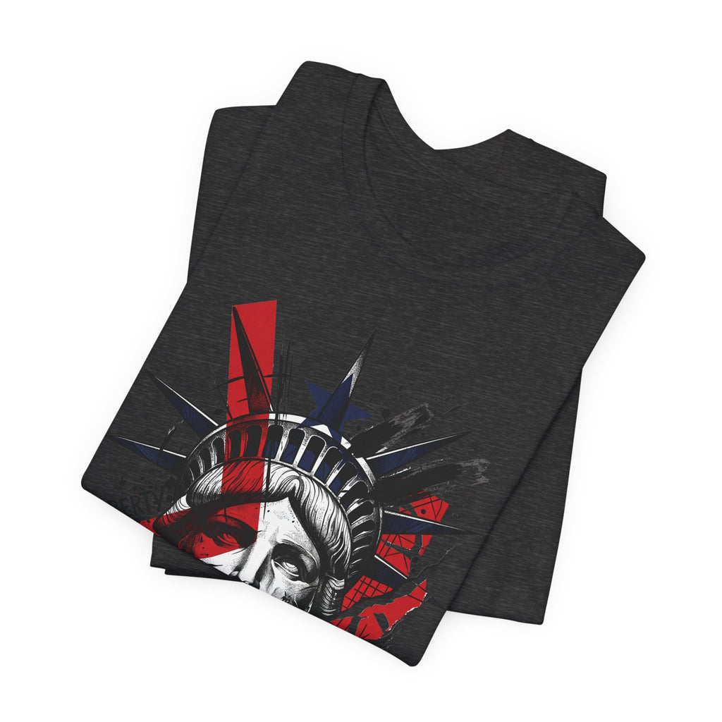 Black crewneck T-shirt with Statue-style head graphic, front view