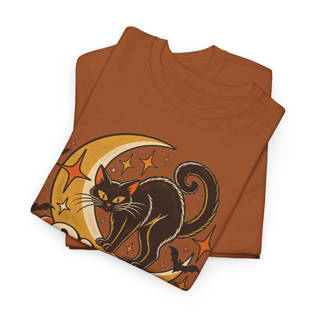 Hex Appeal Black Cat T-Shirt, Retro Crescent Moon Witchy Halloween Shirt for Women and Men, Funny Spooky Cat Lover Tee
