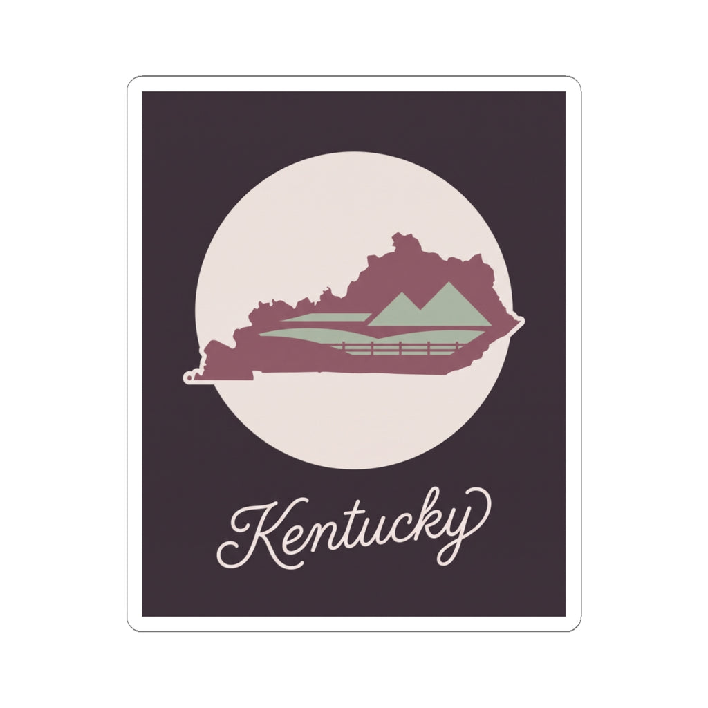 Kentucky silhouette vinyl sticker showing mauve Kentucky map inside a white circle with cursive text