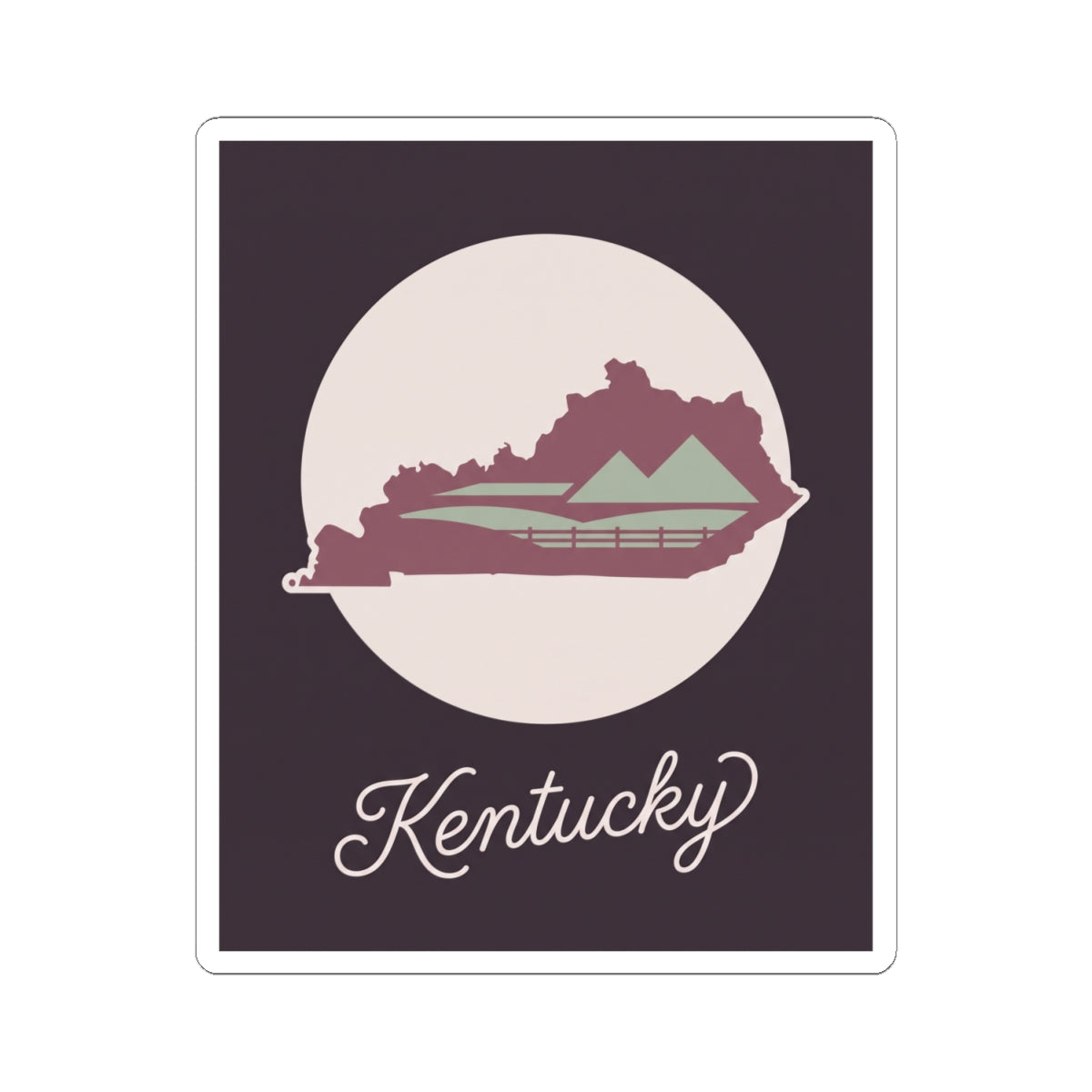 Kentucky silhouette vinyl sticker showing mauve Kentucky map inside a white circle with cursive text