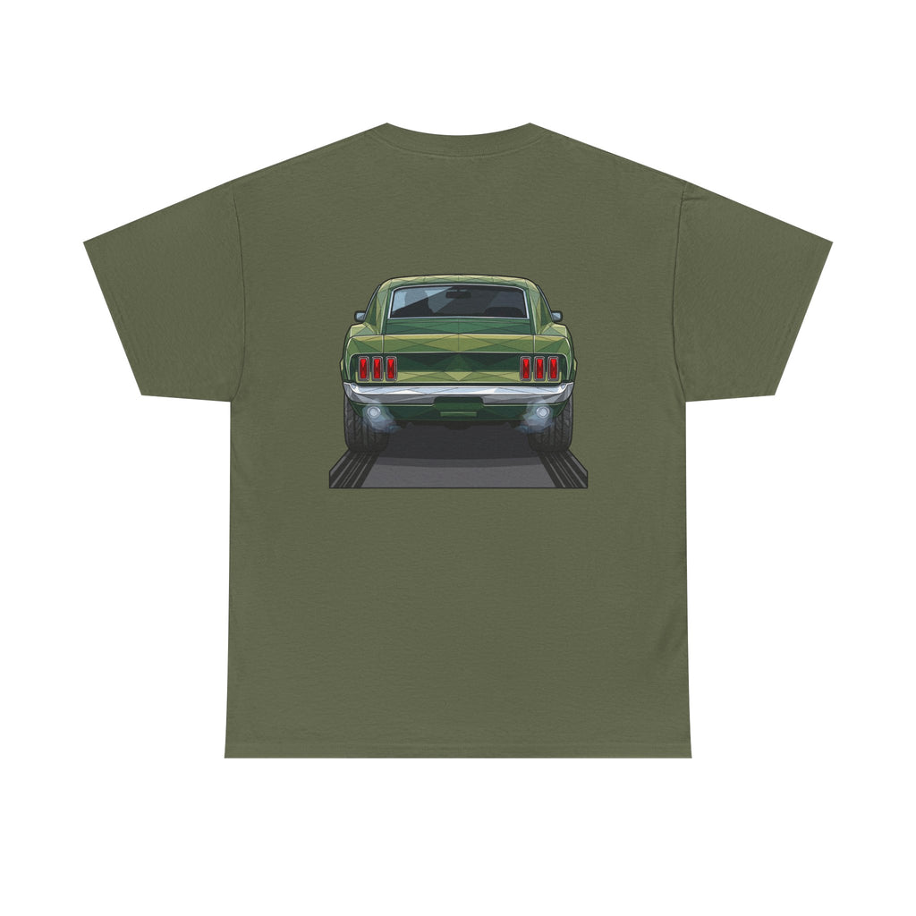 Dark green T-shirt with rear vintage muscle car graphic