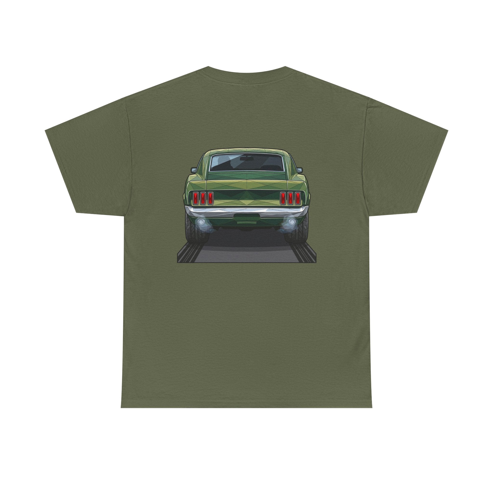 Dark green T-shirt with rear vintage muscle car graphic
