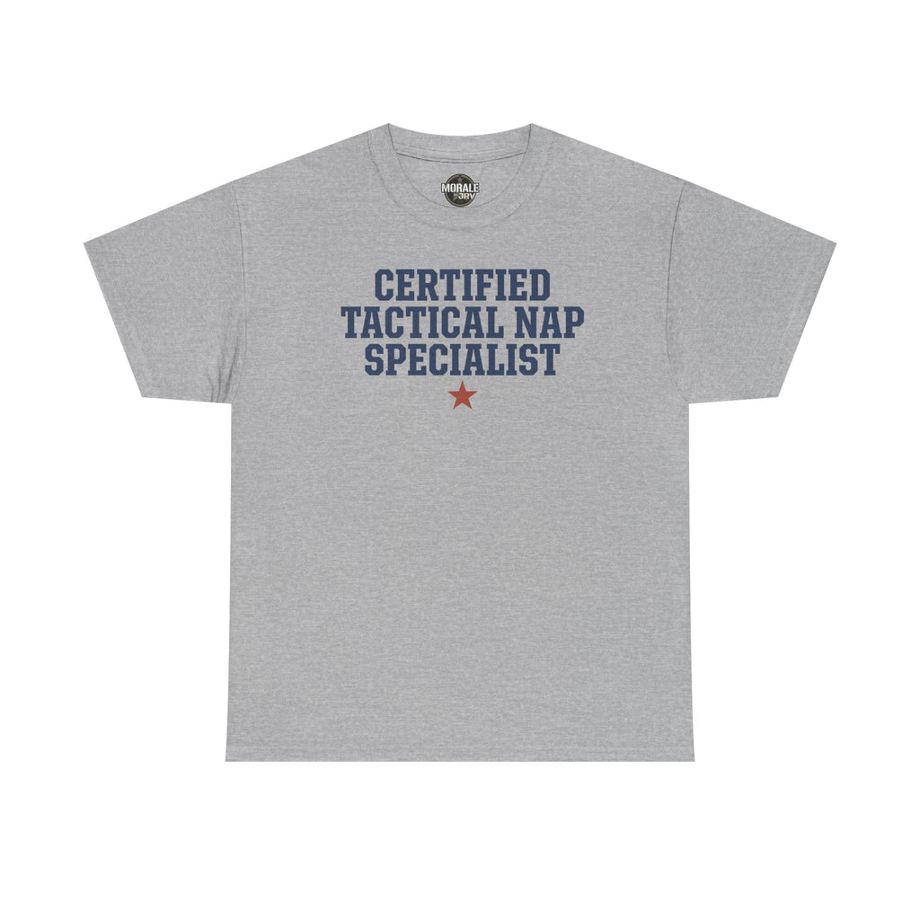 Sport grey crewneck tee with 'Certified Tactical Nap Specialist' print