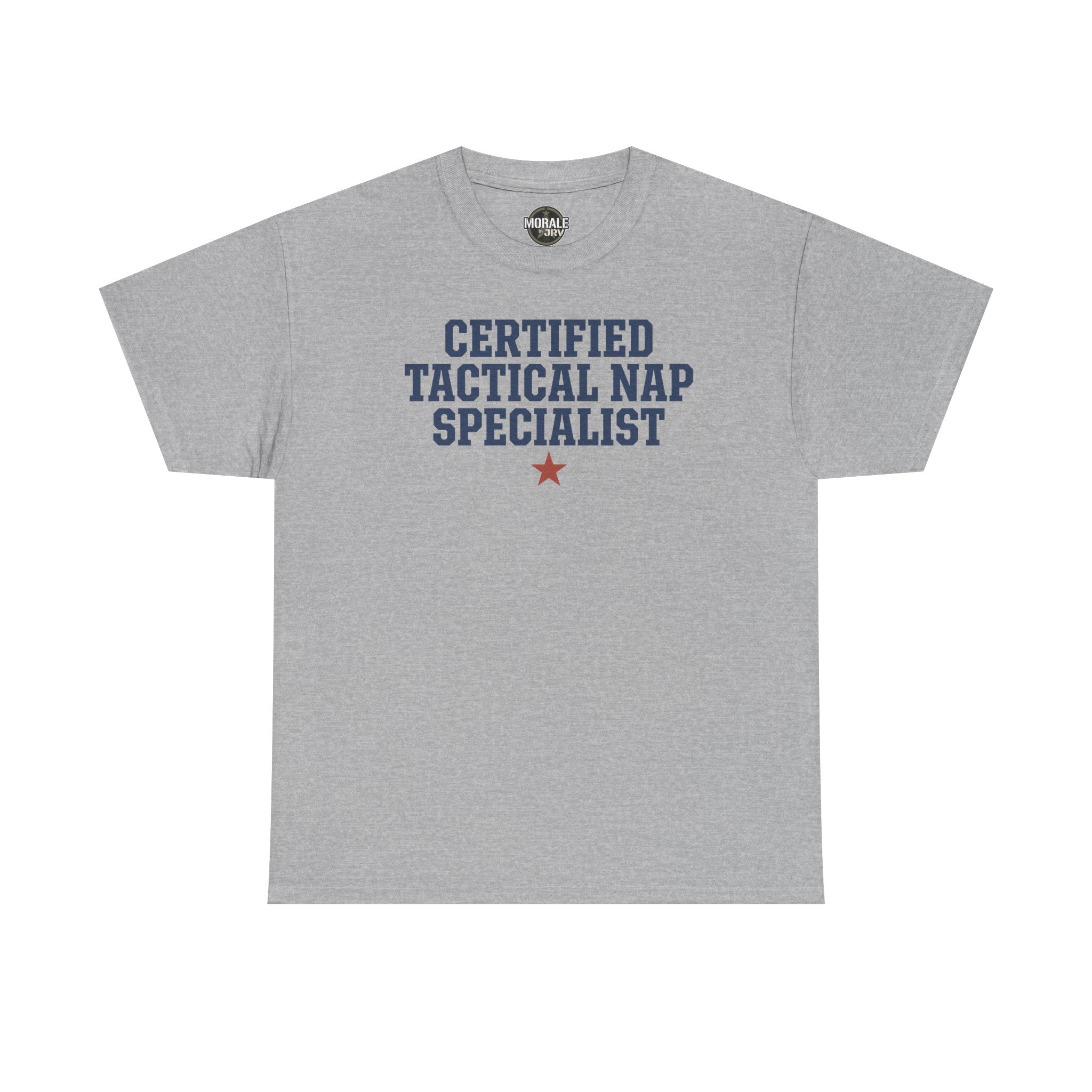 Sport grey crewneck tee with 'Certified Tactical Nap Specialist' print