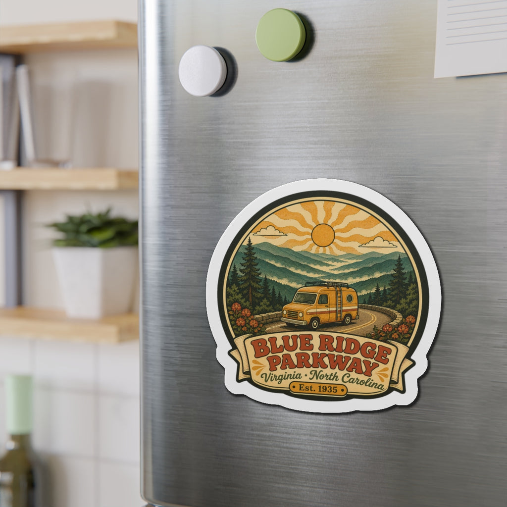 Die-cut scenic Blue Ridge Parkway camper van fridge magnet, close-up on stainless fridge