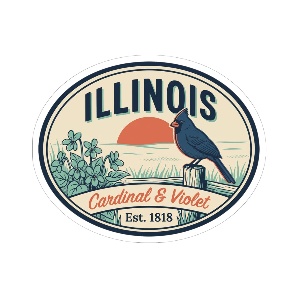 Oval die-cut vinyl sticker showing Illinois text, cardinal bird, and Cardinal & Violet artwork