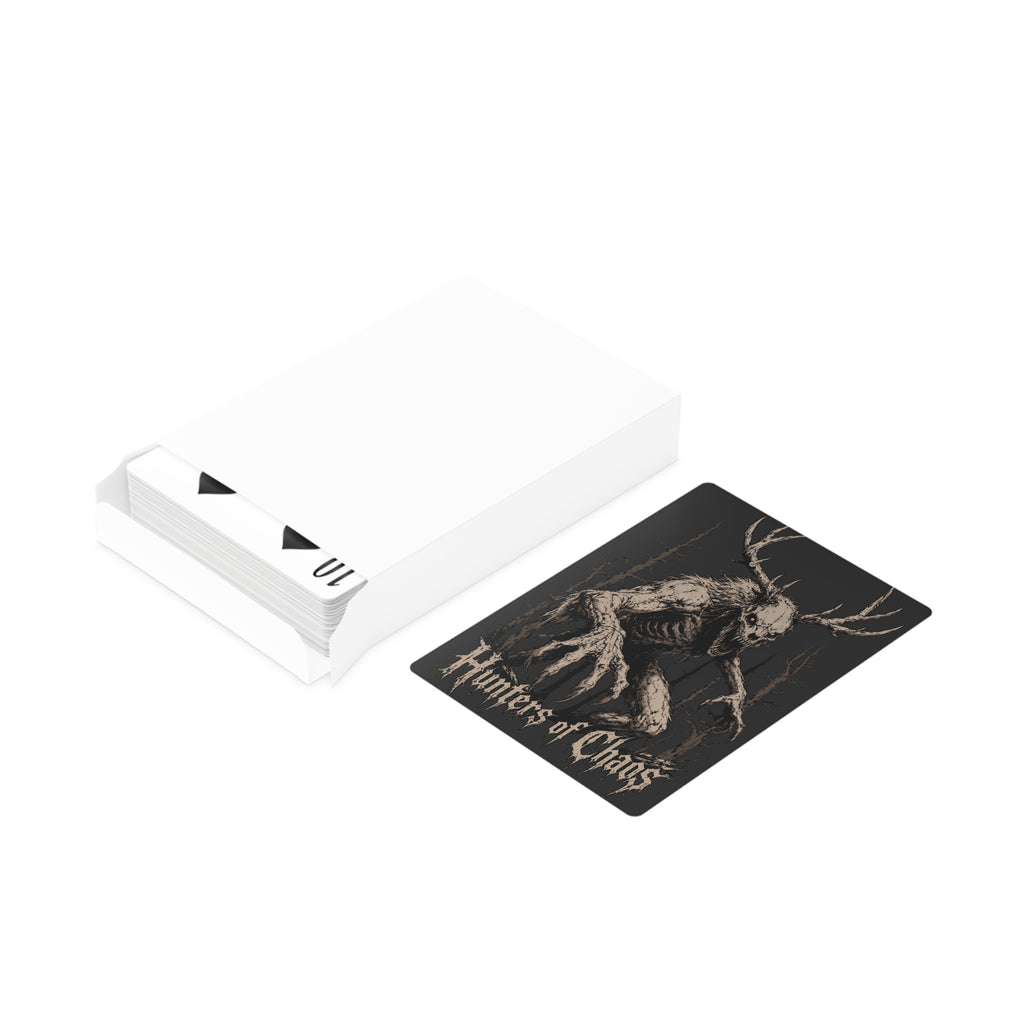Hunters of Chaos poker cards in a stack with one antlered skull card
