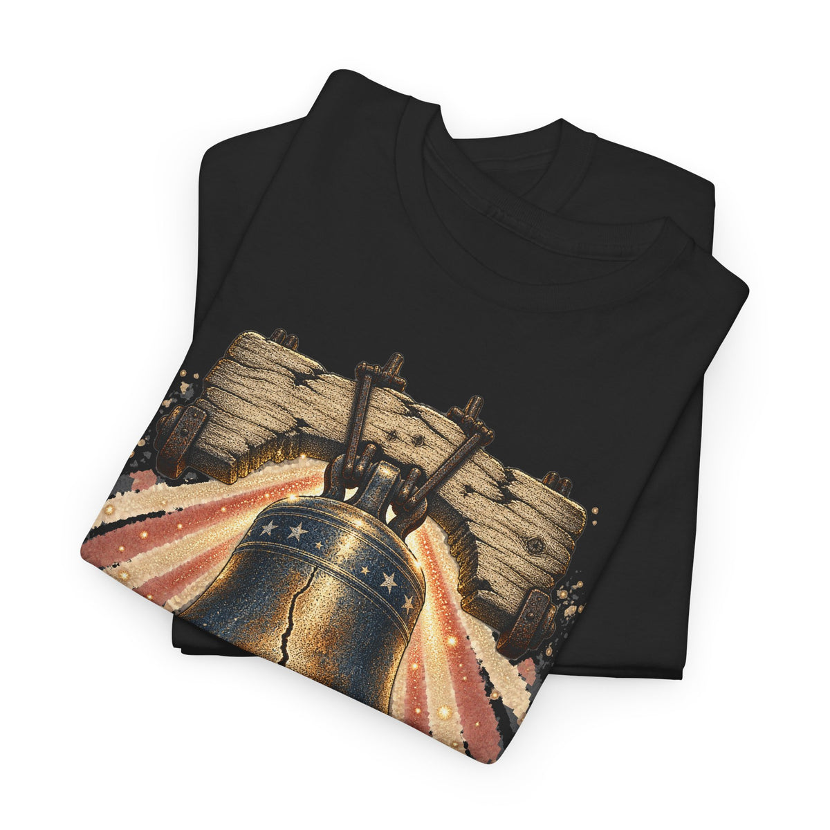 Black crewneck T-shirt with bell and patriotic fireworks graphic across chest.