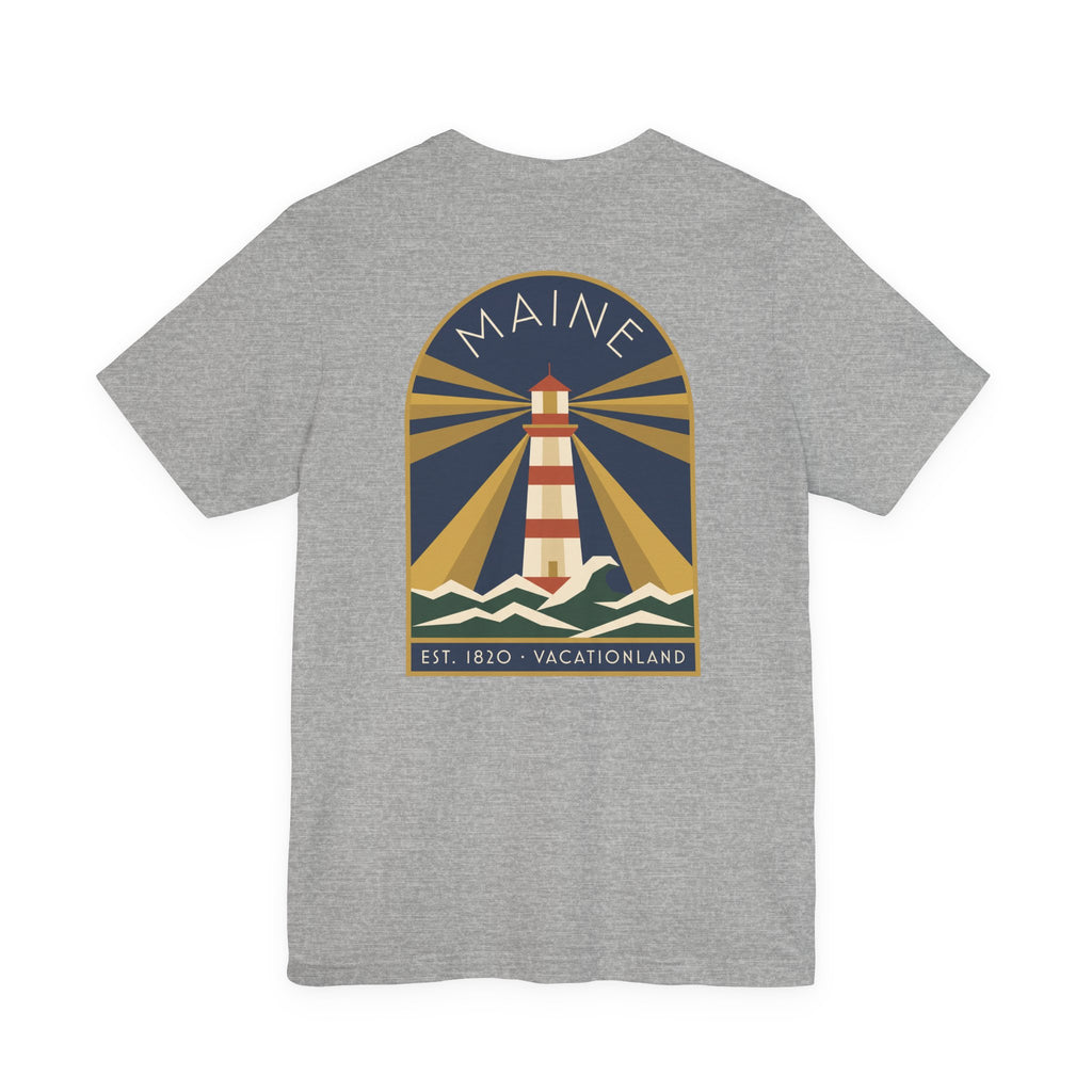 Light gray crewneck T-shirt with vintage lighthouse graphic in circular badge
