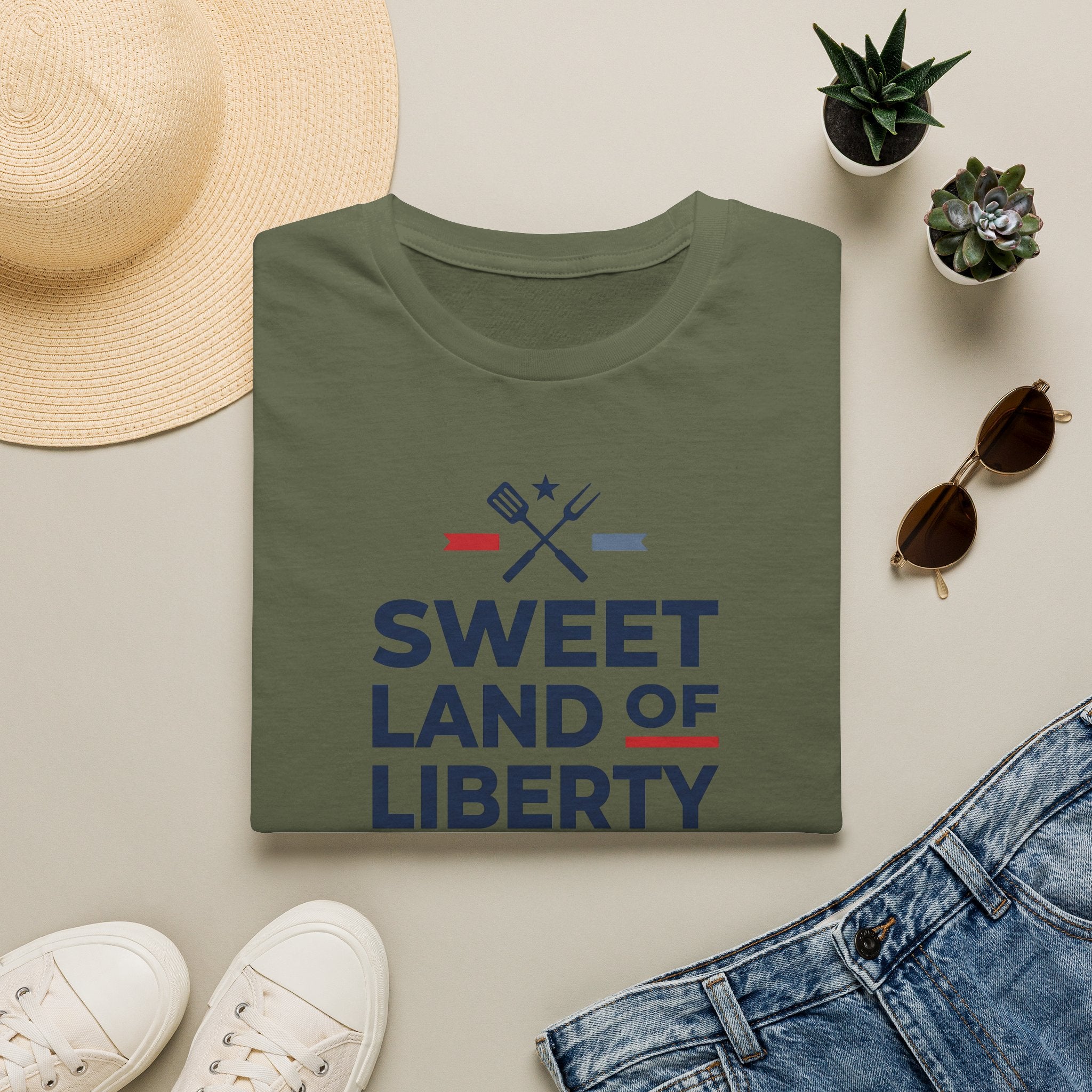 Military green BBQ T-shirt with 'Sweet Land of Liberty' graphic and grill tools