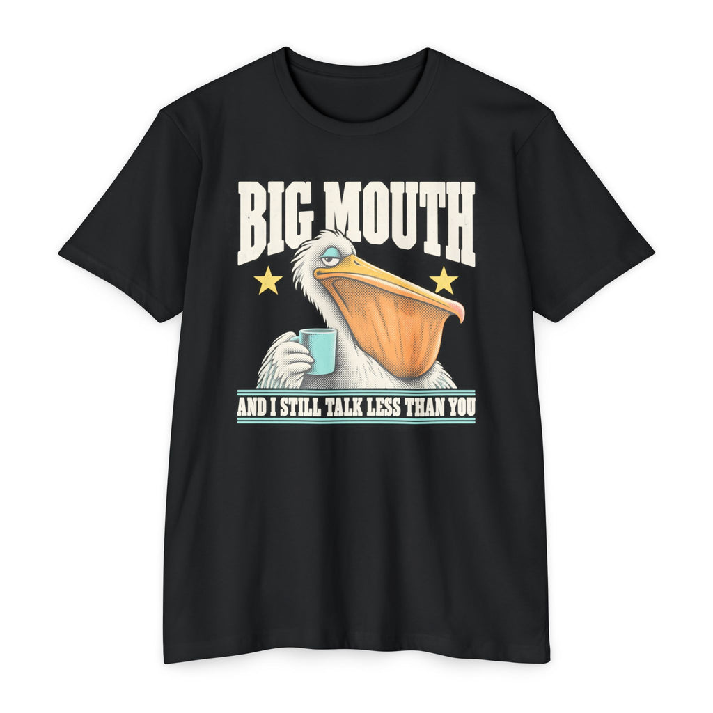 Black T-shirt with pelican-and-coffee cup graphic and 'BIG MOUTH' text