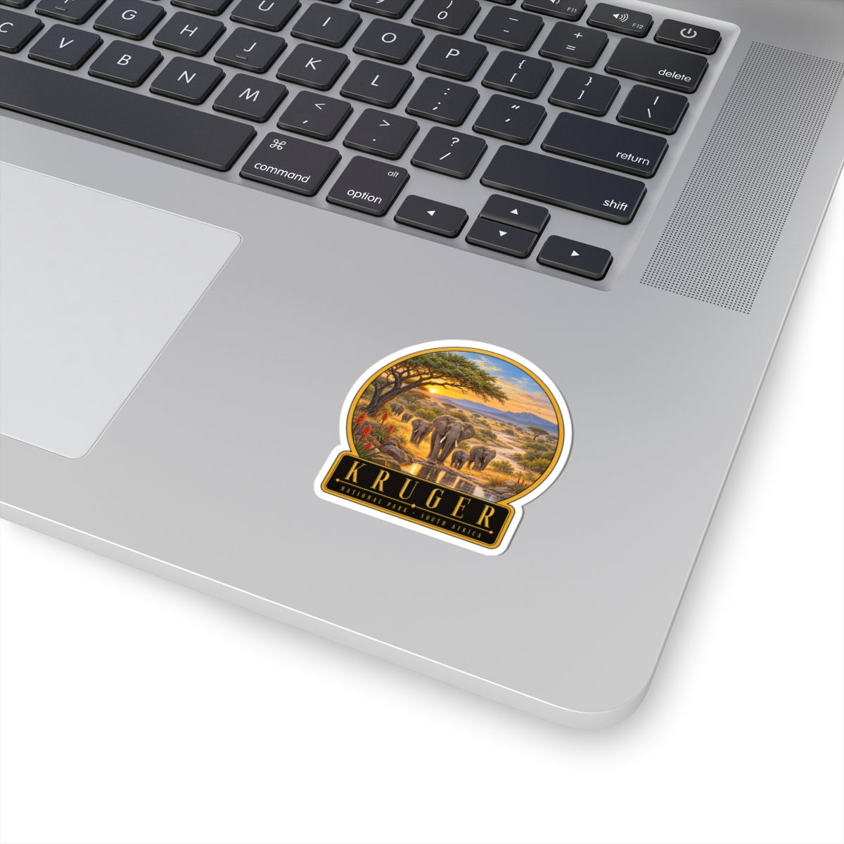 Round vinyl sticker with Kruger text and elephant at sunset scene