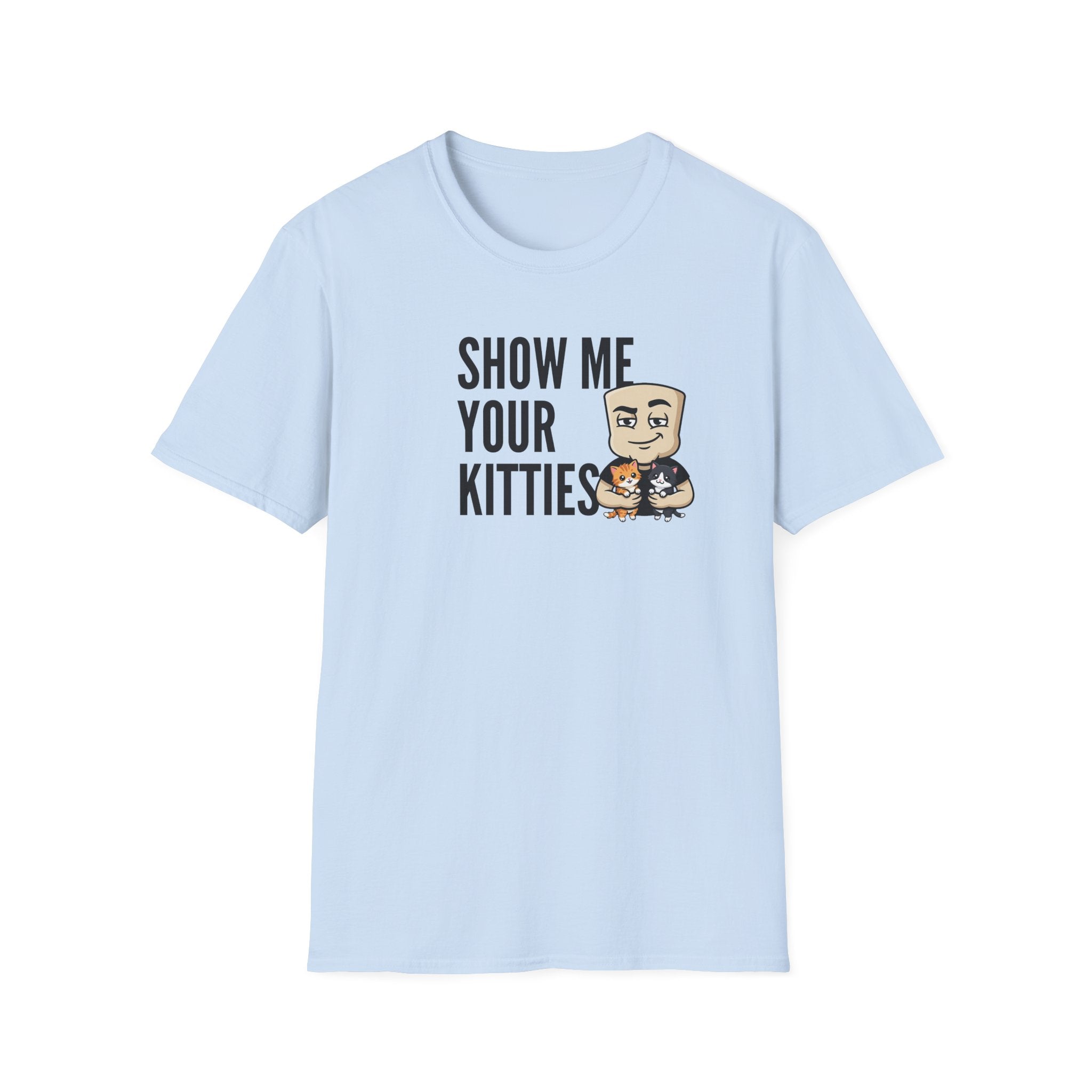 Light blue T-shirt featuring 'Show me your kitties' slogan and cat character.