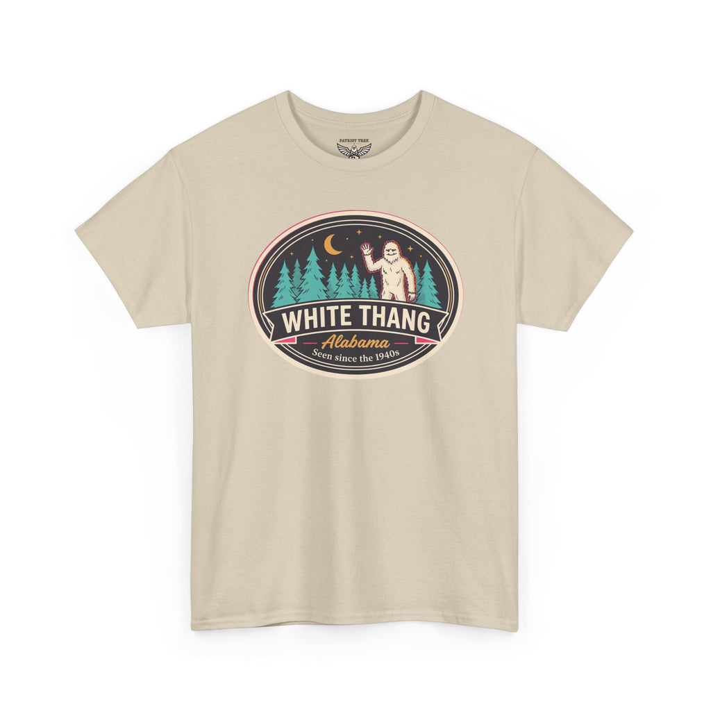 Sand graphic patch tee with circular badge featuring pine trees and sasquatch figure