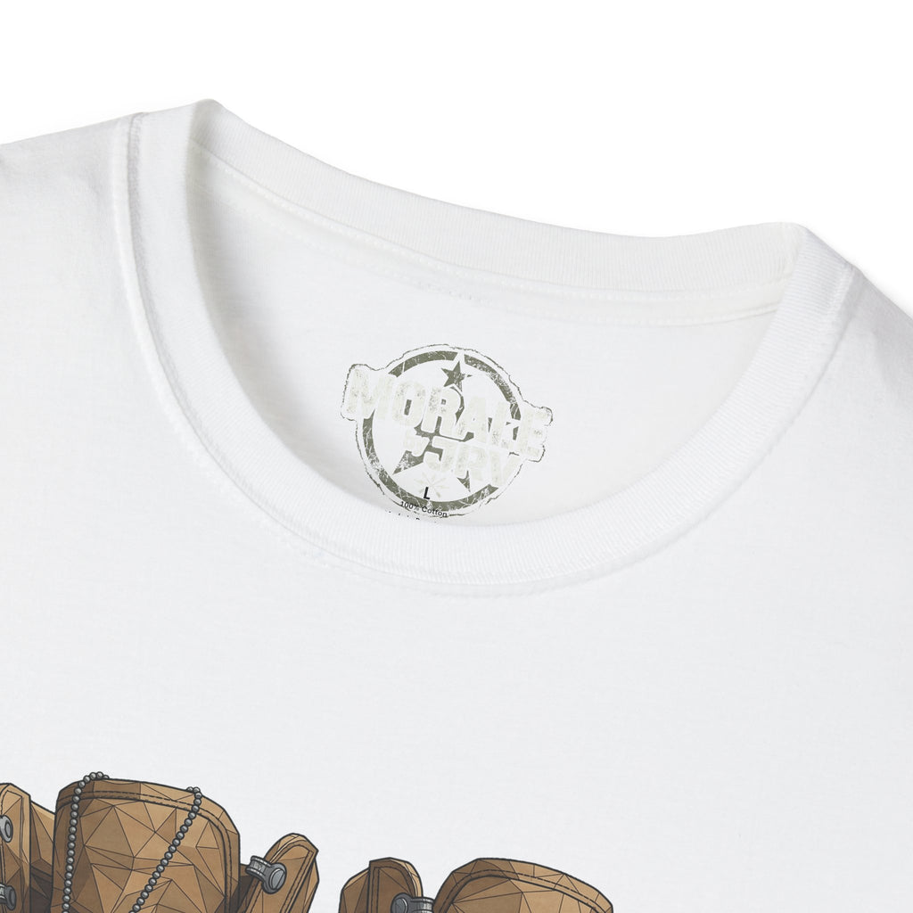 White T-shirt collar with small circular emblem graphic