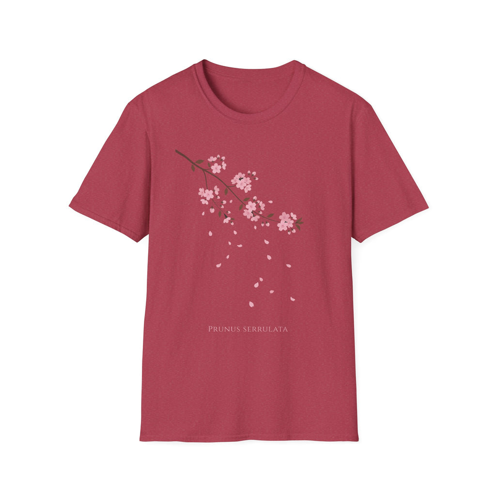 Cherry Blossom Branch T-Shirt, maroon with pink sakura branch and falling petals print