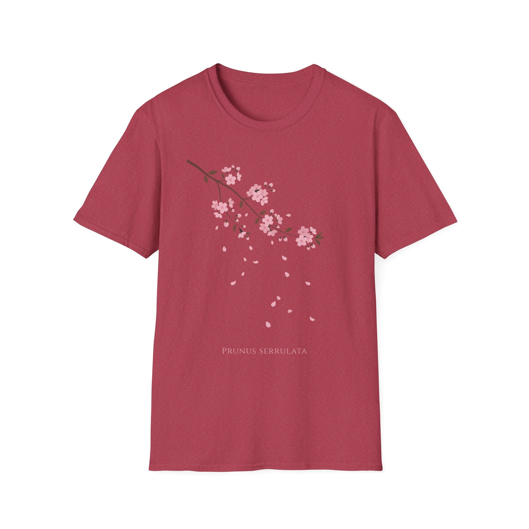 Cherry Blossom Branch T-Shirt, maroon with pink sakura branch and falling petals print