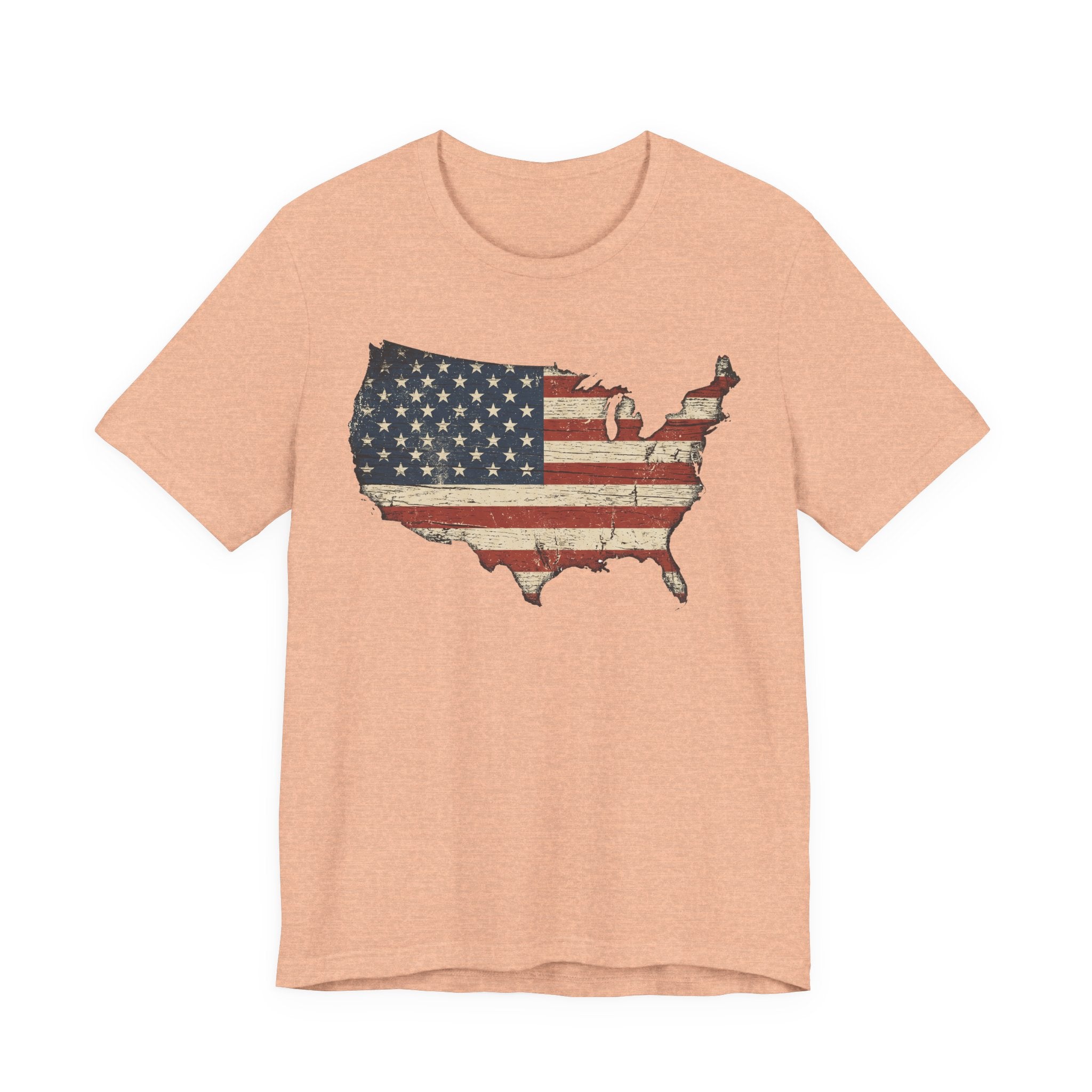 Peach crewneck T-shirt with distressed American flag map graphic
