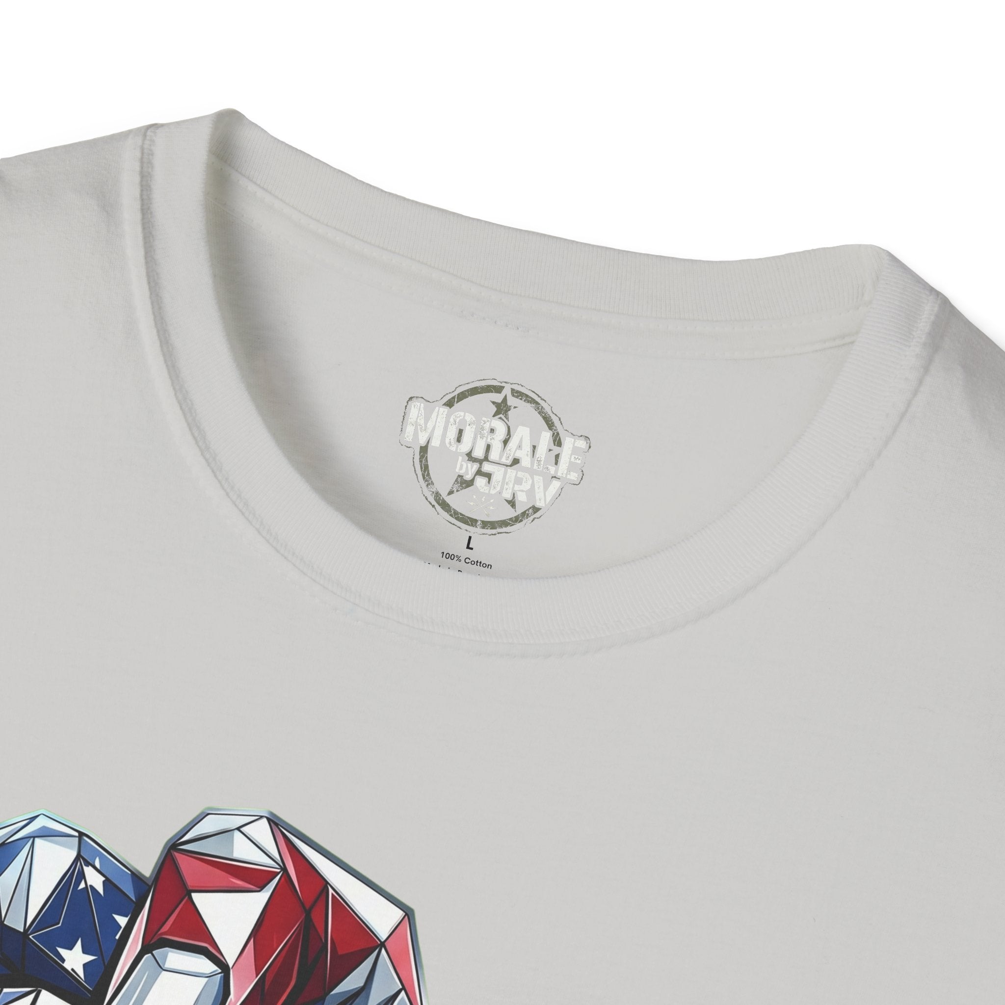 White t-shirt neckline close-up with brand logo under the collar