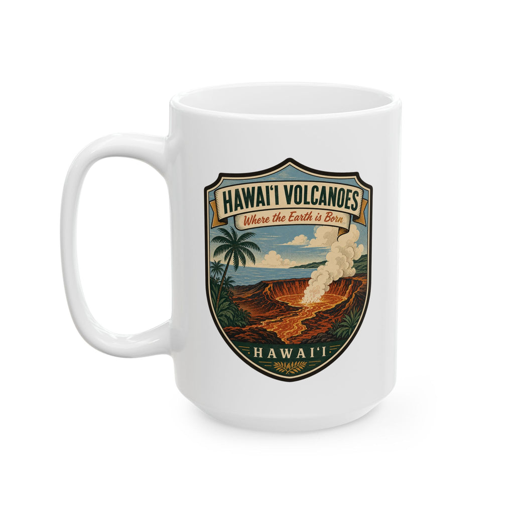 White ceramic mug with Hawaii Volcanoes shield illustration on front