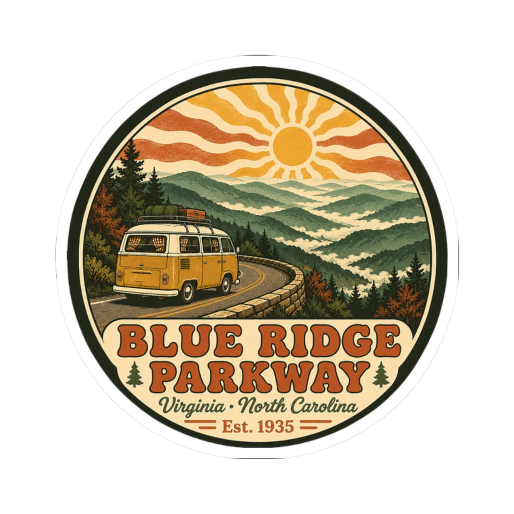 Circular decal with yellow camper van on curves, mountain landscape, sun rays, Blue Ridge Parkway