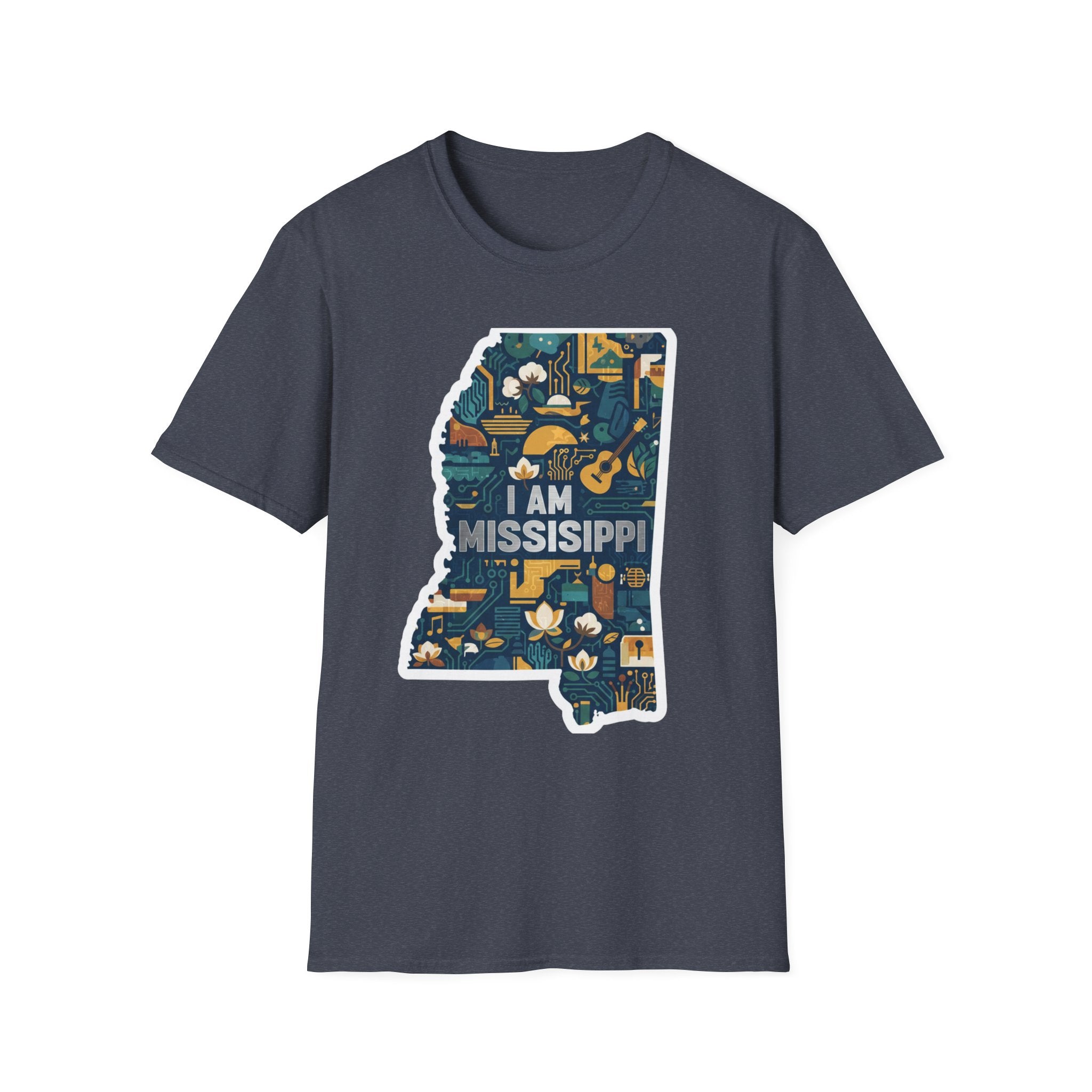 Heather Indigo T-shirt with colorful Mississippi state map graphic and "I AM MISSISSIPPI" lettering