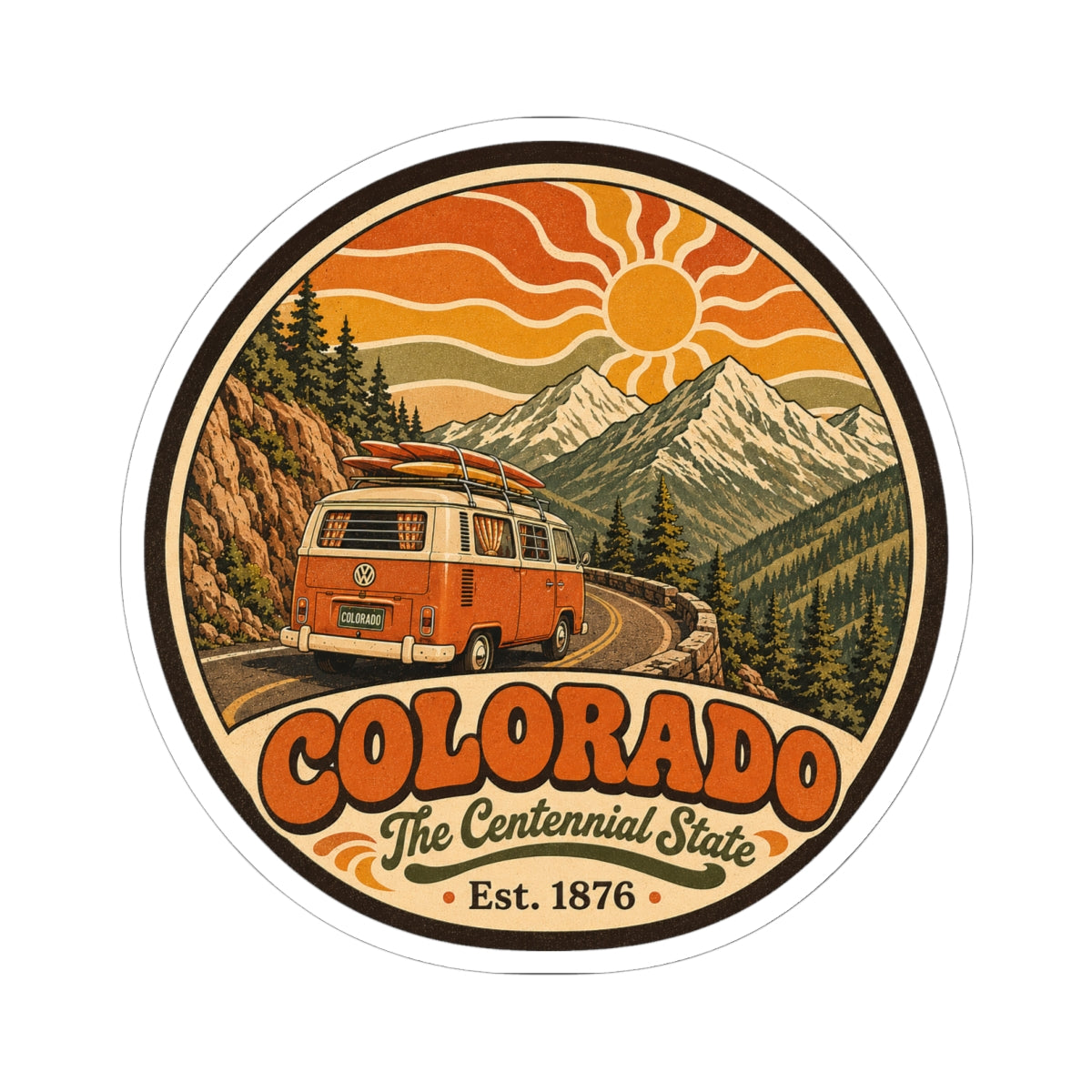 Round Colorado camper van sticker showing camper on mountain road and sunrise