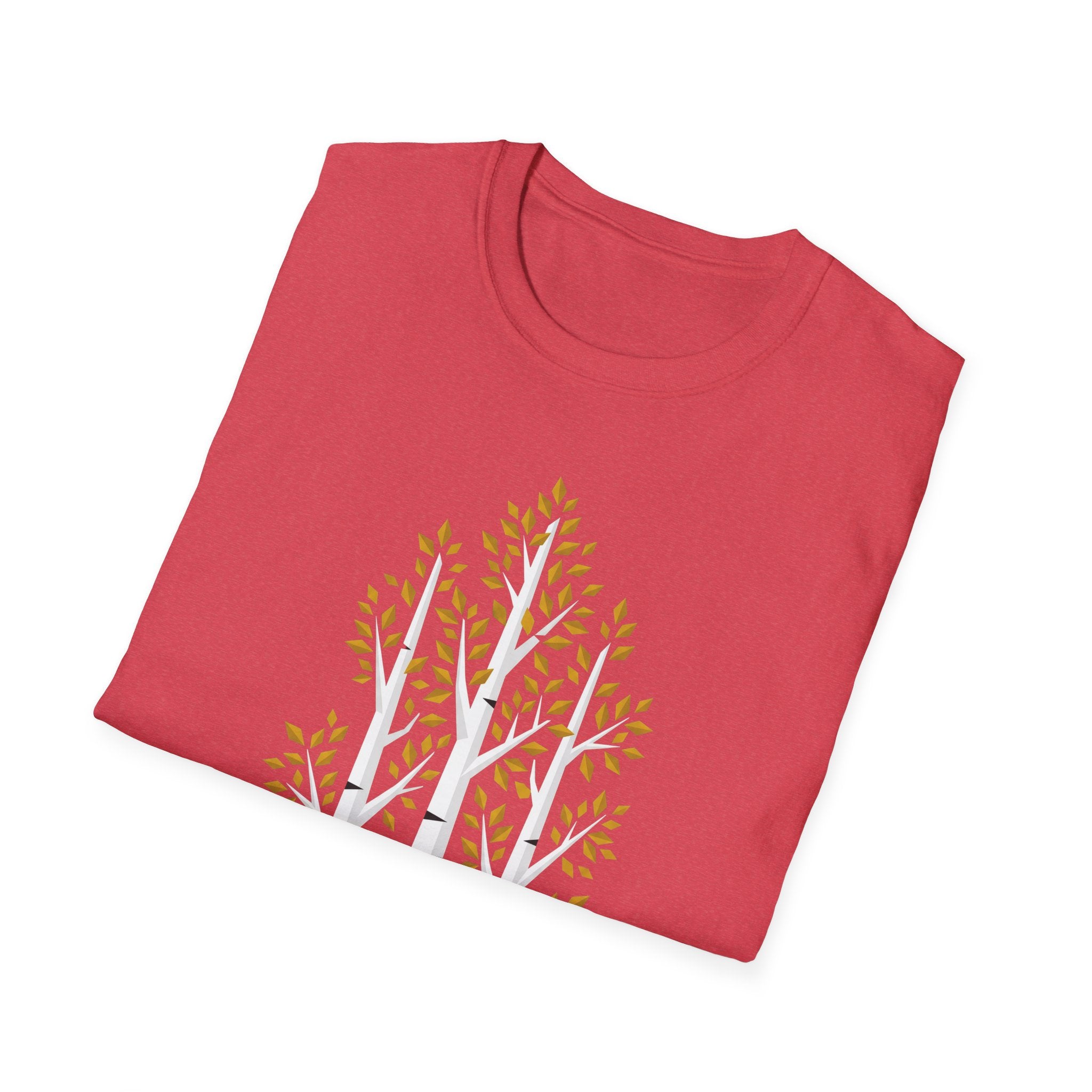 Red T-shirt front with minimalist birch trees and autumn leaves graphic