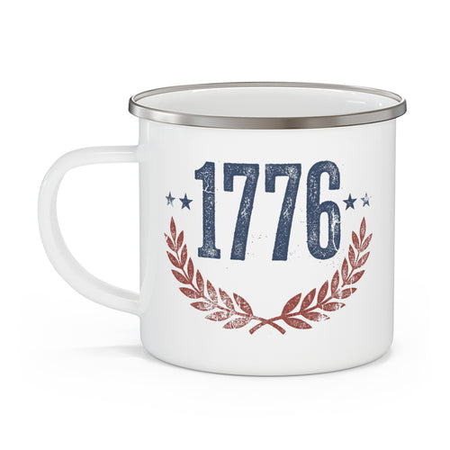 Enamel camping mug, white with 1776 star and laurel graphic