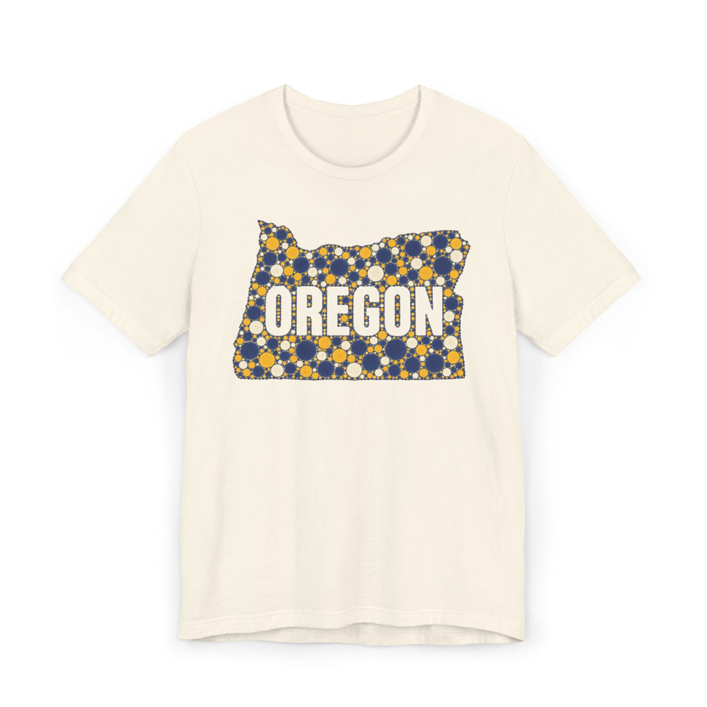 Cream Oregon map graphic t-shirt with blue and gold polka dot lettering