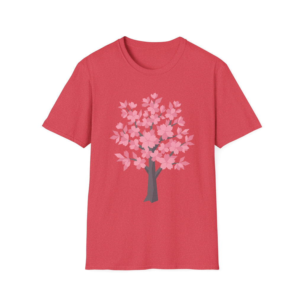 Heather red T-shirt with pink cherry blossom tree graphic centered on front