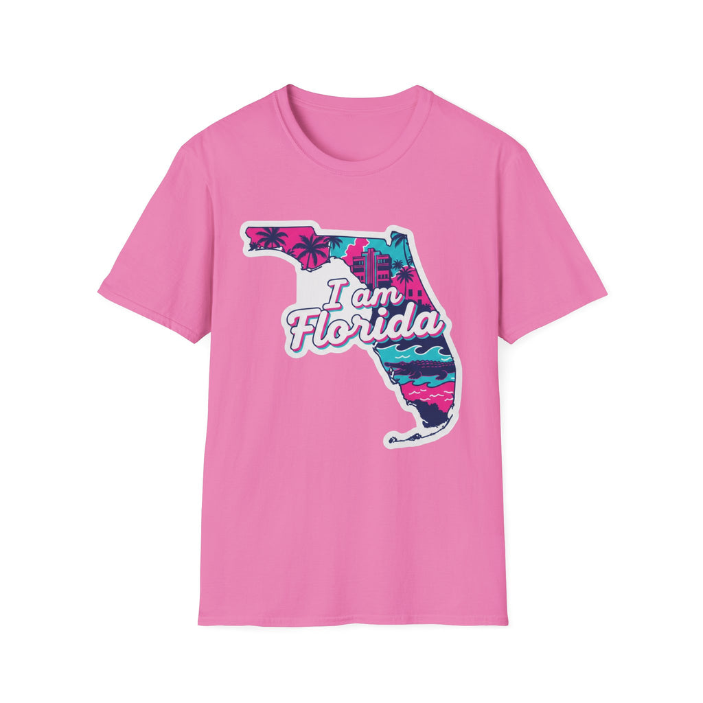 I am Florida map T-shirt in pink, retro state outline with palms and sea design