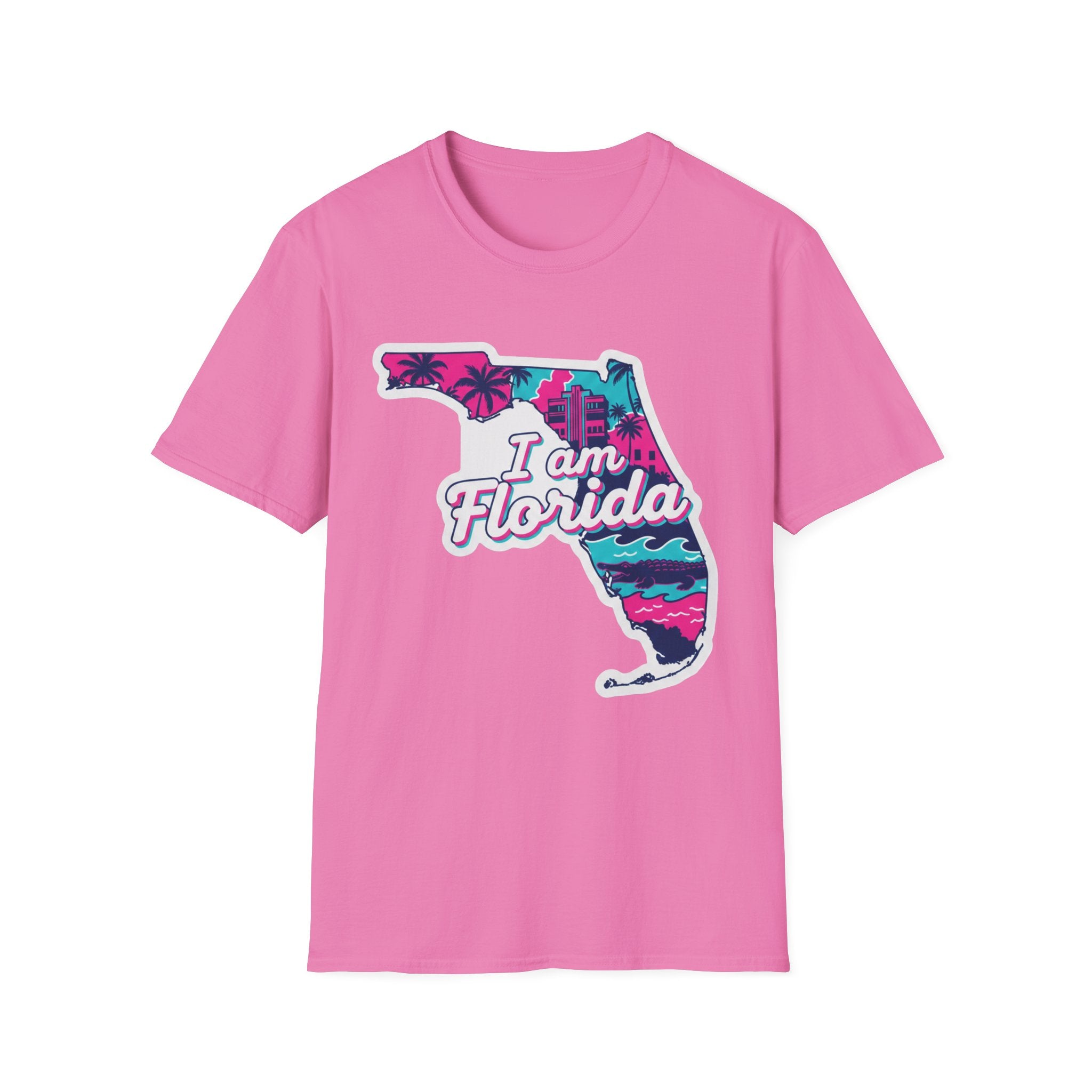 I am Florida map T-shirt in pink, retro state outline with palms and sea design