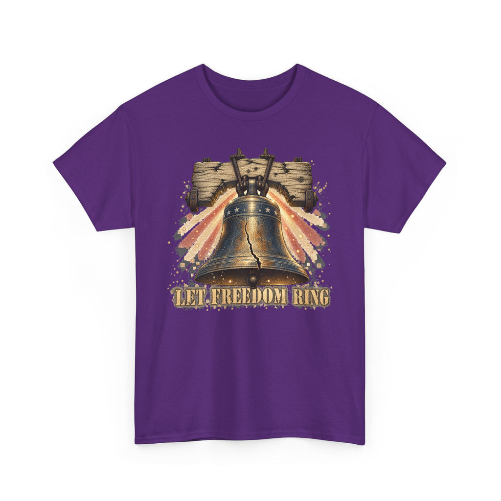 Purple liberty bell graphic T-shirt with vintage "LET FREEDOM RING" print